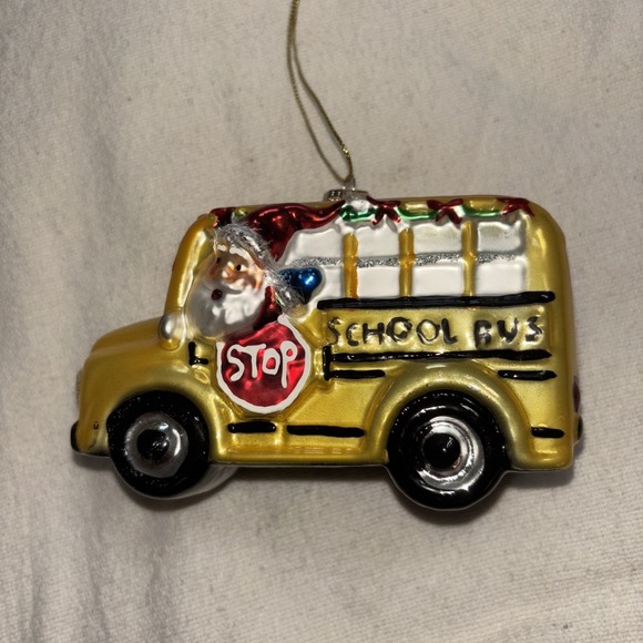 School Bus Christmas Tree Glass Ornament with Santa Claus Driver - Picture 2 of 12